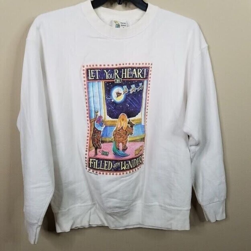 Laura Trayser Womens Christmas Sweatshirt Size XL Vintage 90s Bunny‎ Santa White